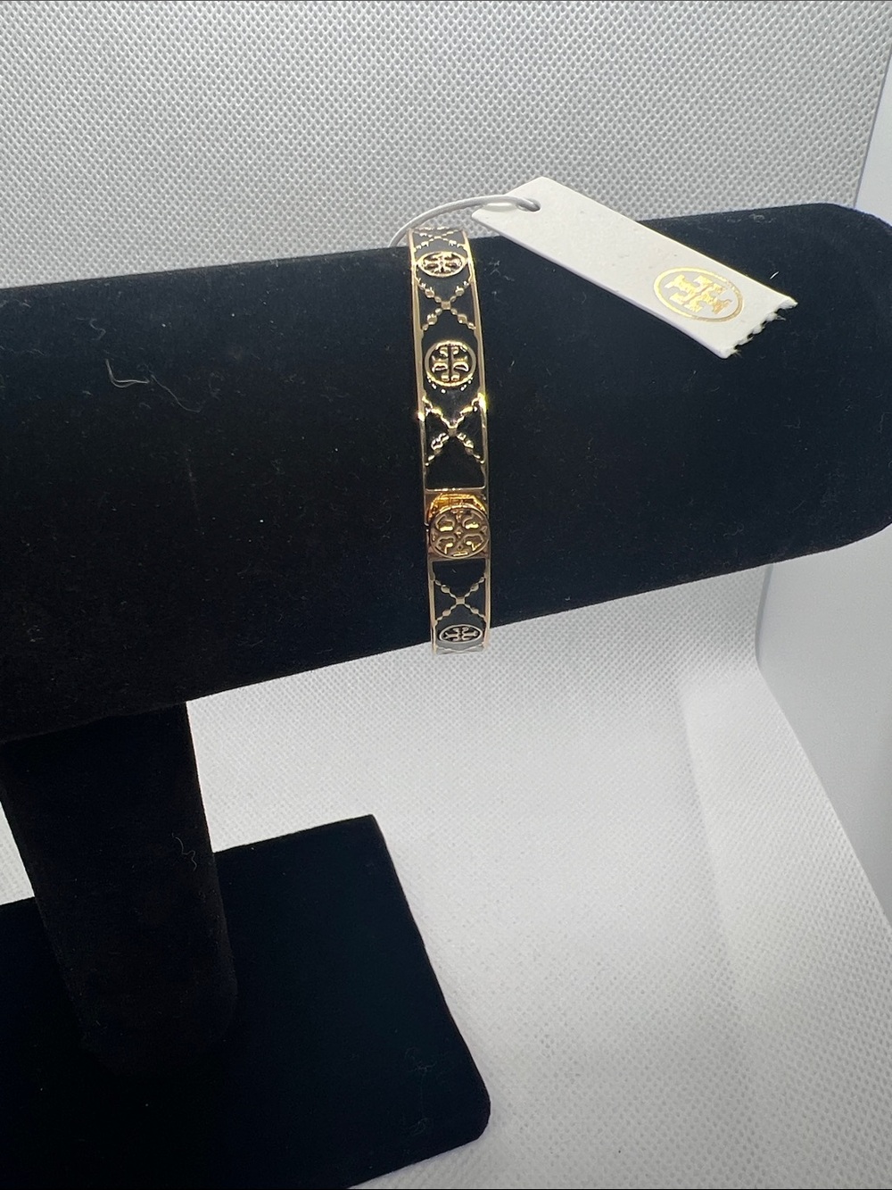 Tory Burch Gold and Black Logo Enamel Bangle